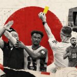 Collage of soccer players celebrating with a large red circle background and a vintage, taped-together design; includes a whistle at the bottom left.
