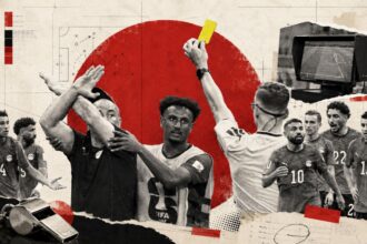 Collage of soccer players celebrating with a large red circle background and a vintage, taped-together design; includes a whistle at the bottom left.