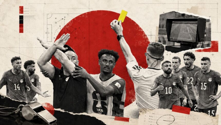Collage of soccer players celebrating with a large red circle background and a vintage, taped-together design; includes a whistle at the bottom left.