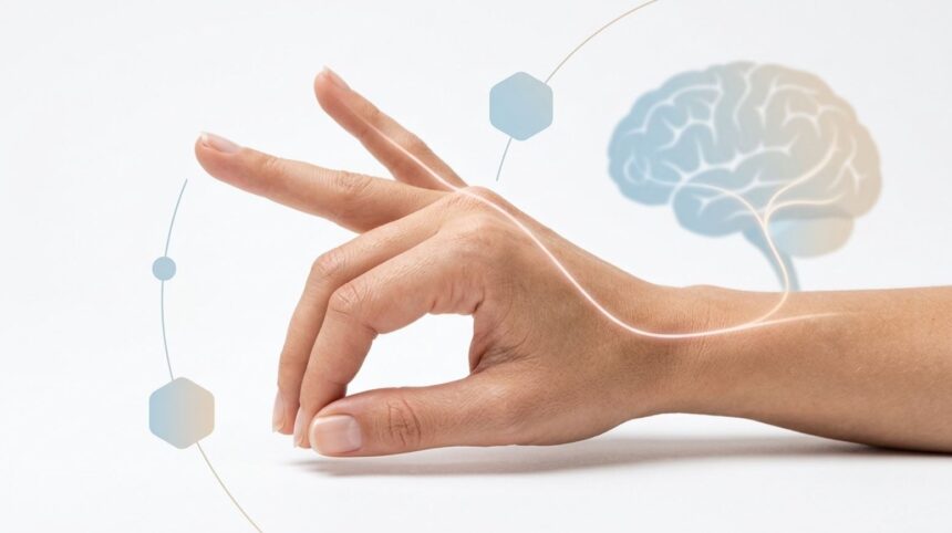 Outstretched hand with a glowing curved line linking to a brain illustration, symbolizing neural connection and touch.