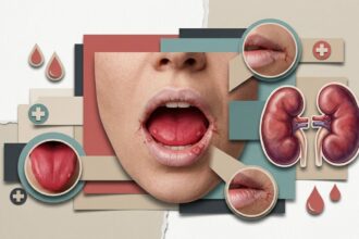 Collage of an open mouth with ulcers, close-up lip and tongue, and a kidney diagram, illustrating oral and kidney health.