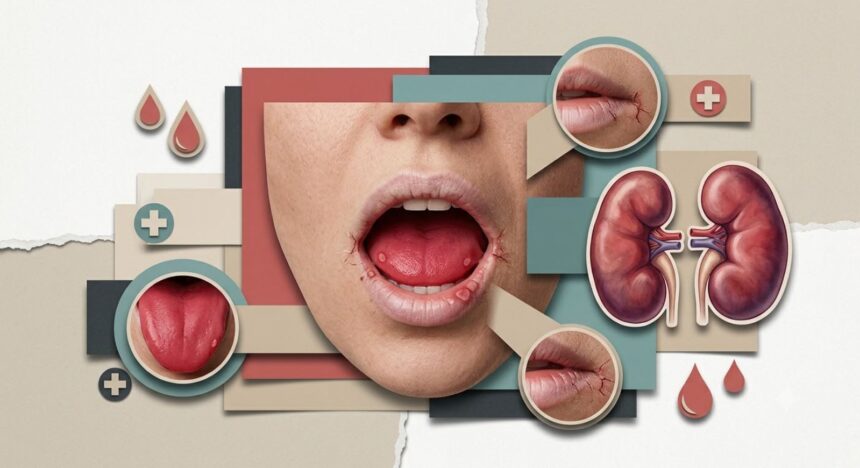 Collage of an open mouth with ulcers, close-up lip and tongue, and a kidney diagram, illustrating oral and kidney health.