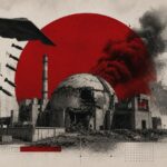 Collage of a ruined dome building with a red sun backdrop, American flag on the left, Iran emblem on the right, and a bomber plane above.
