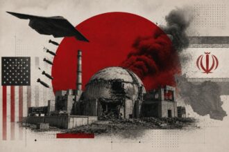 Collage of a ruined dome building with a red sun backdrop, American flag on the left, Iran emblem on the right, and a bomber plane above.