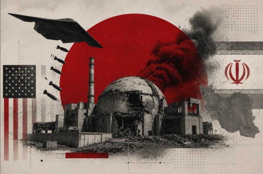 Collage of a ruined dome building with a red sun backdrop, American flag on the left, Iran emblem on the right, and a bomber plane above.