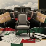 Power and corruption collage: two suited figures with sealed-box heads flank a throne, amid legal papers, gavel, and handcuffs.