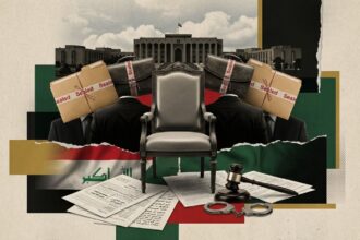 Power and corruption collage: two suited figures with sealed-box heads flank a throne, amid legal papers, gavel, and handcuffs.