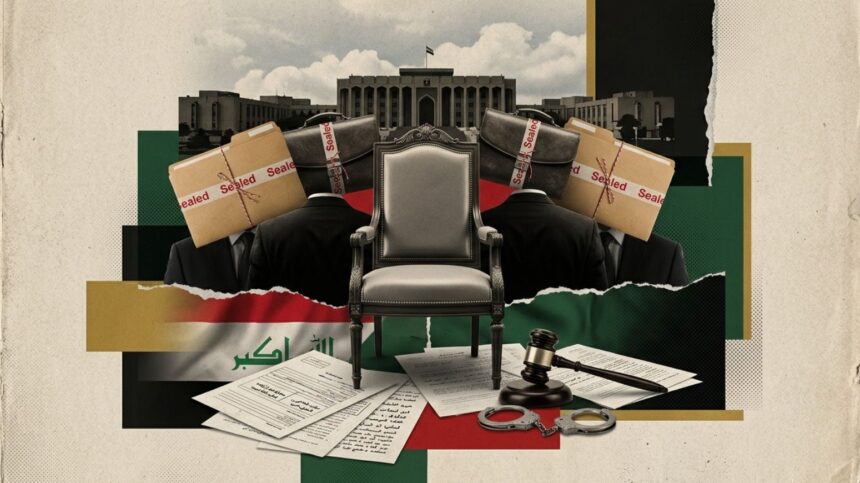 Power and corruption collage: two suited figures with sealed-box heads flank a throne, amid legal papers, gavel, and handcuffs.