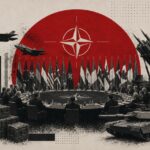 NATO leaders sit around a circular table with flags behind them, surrounded by military hardware like tanks, missiles, and jets against a red sun backdrop.