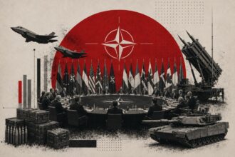 NATO leaders sit around a circular table with flags behind them, surrounded by military hardware like tanks, missiles, and jets against a red sun backdrop.