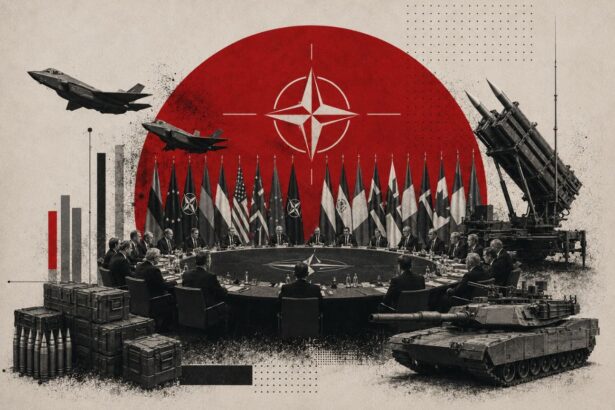 NATO leaders sit around a circular table with flags behind them, surrounded by military hardware like tanks, missiles, and jets against a red sun backdrop.