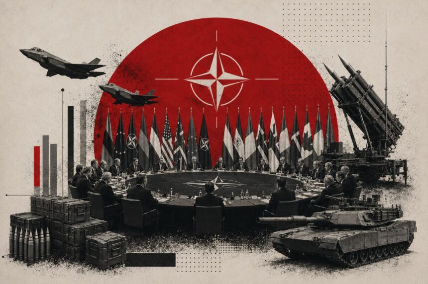 NATO leaders sit around a circular table with flags behind them, surrounded by military hardware like tanks, missiles, and jets against a red sun backdrop.