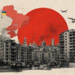 War-torn city under a large red sun with a Ukraine flag and a Russia flag, airplanes, and collapsed buildings in a political collage.