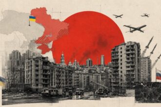 War-torn city under a large red sun with a Ukraine flag and a Russia flag, airplanes, and collapsed buildings in a political collage.