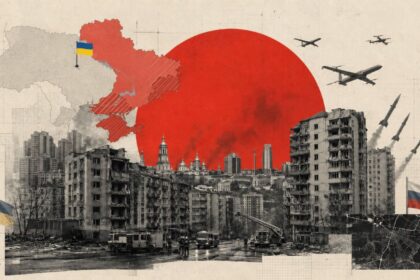 War-torn city under a large red sun with a Ukraine flag and a Russia flag, airplanes, and collapsed buildings in a political collage.