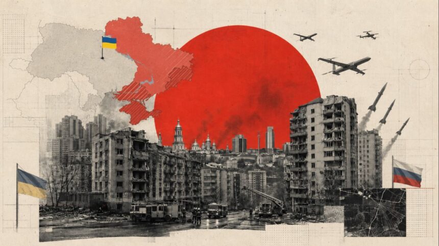 War-torn city under a large red sun with a Ukraine flag and a Russia flag, airplanes, and collapsed buildings in a political collage.